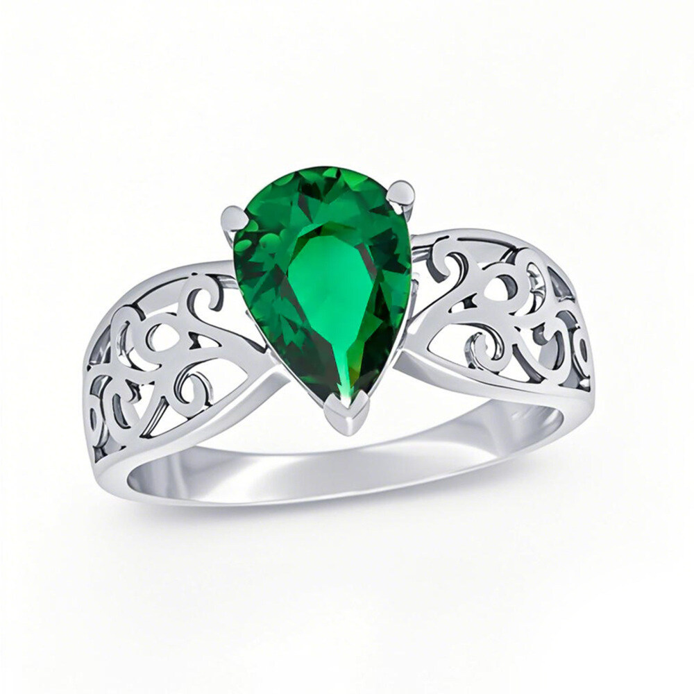 10K White Gold Pear Cut Lab-Created Emerald Wide Filigree Band-1