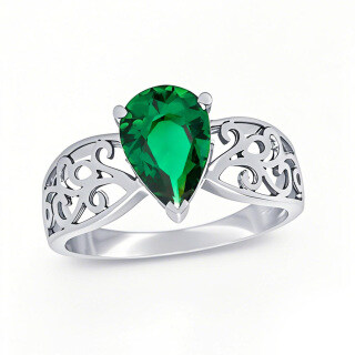 10K White Gold Pear Cut Lab-Created Emerald Wide Filigree Band-13