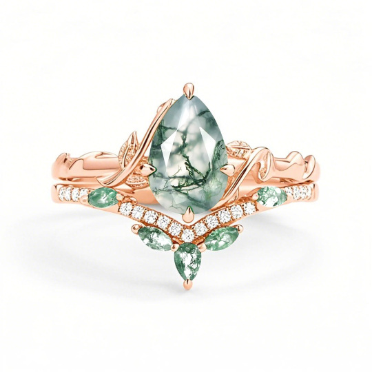 Sterling Silver with White Gold Plated Pear Cut Leafy Moss Agate Ring