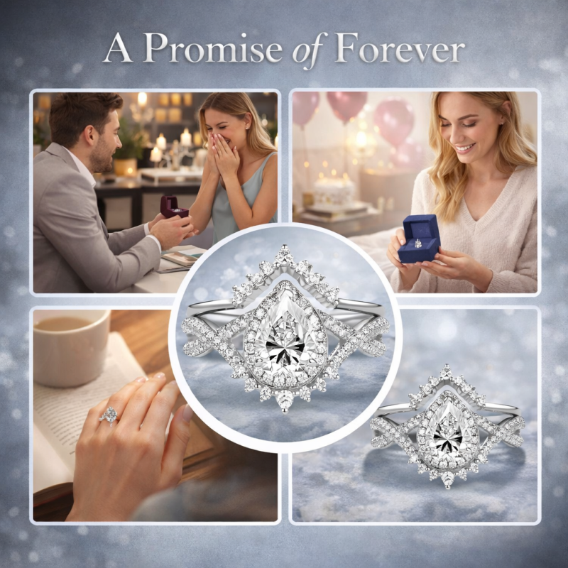 Conjunto nupcial de oro blanco 14K con moissanita cortada en forma de pera-4