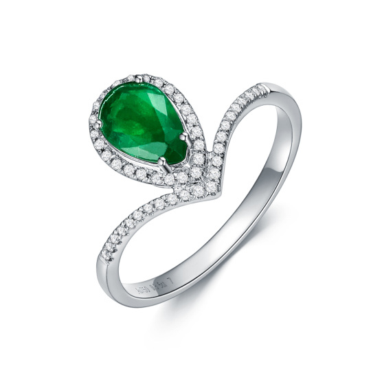 Bague de fiançailles en or blanc 18K en forme de poire et d'émeraude en goutte d'eau