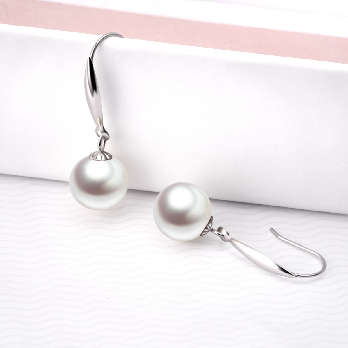 18K White Gold Pearl Bead Drop Earrings-3