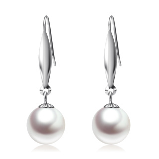 10K White Gold Pearl Bead Drop Earrings-11