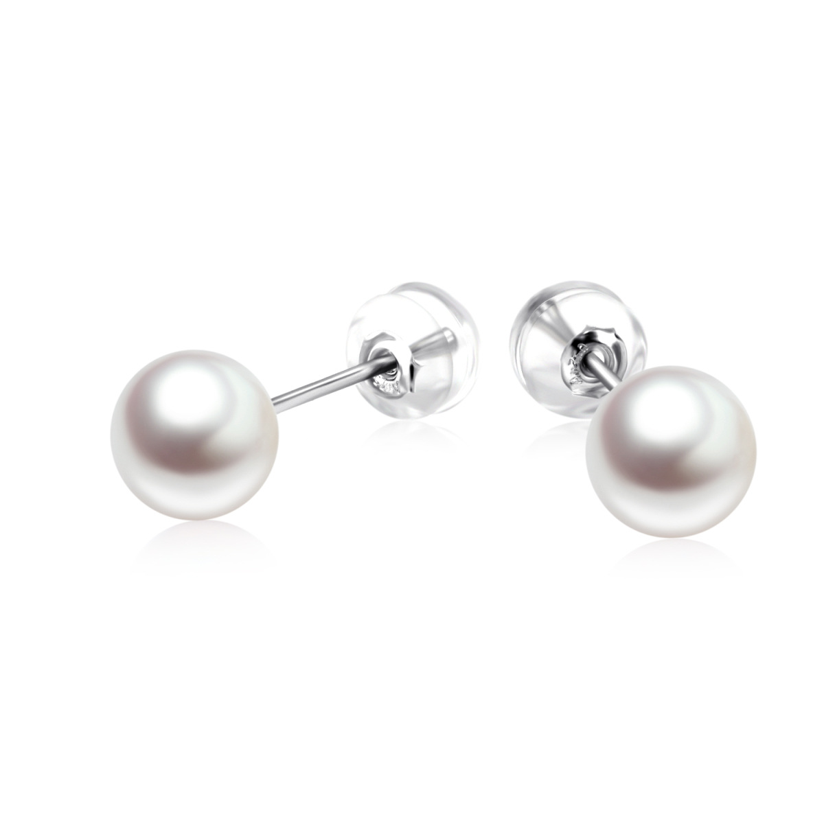 10K White Gold Pearl Bead Stud Earrings-1