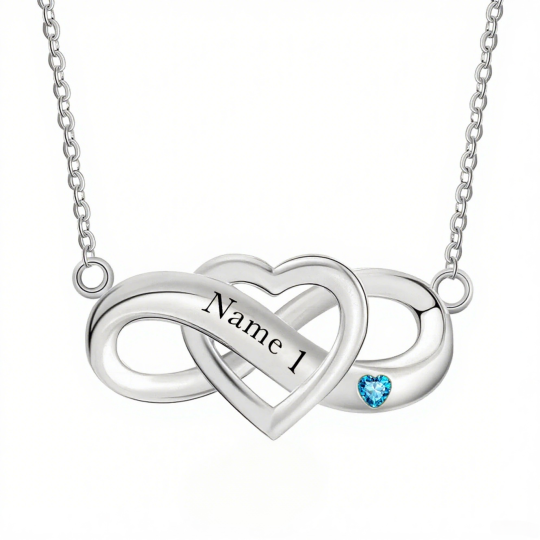 14K White Gold Cubic Zirconia Personalized Birthstone & Engraving Infinity Symbol Pendant Necklace