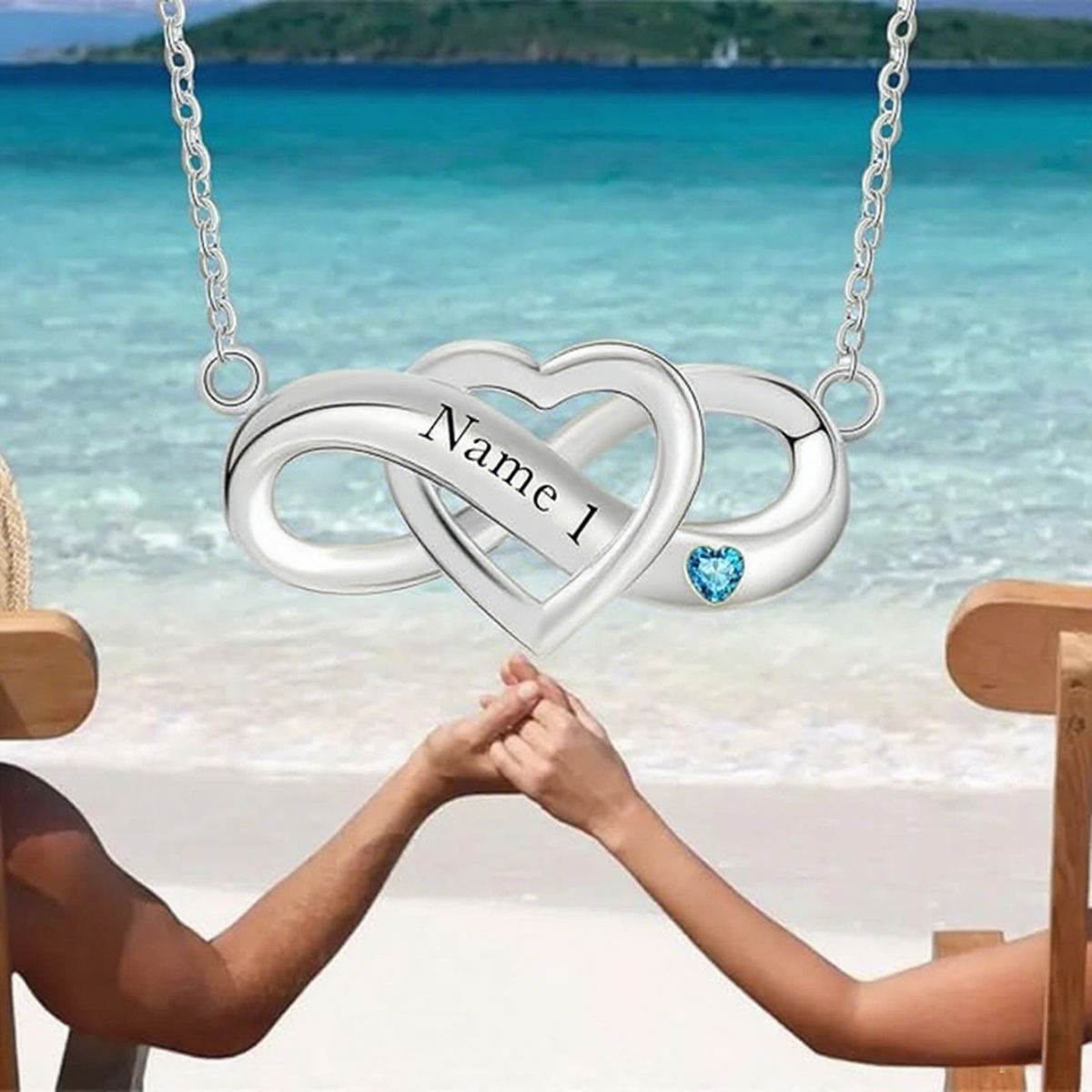 14K White Gold Cubic Zirconia Personalized Birthstone & Engraving Infinity Symbol Pendant Necklace-3