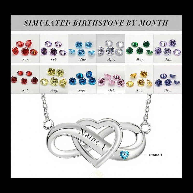 14K White Gold Cubic Zirconia Personalized Birthstone & Engraving Infinity Symbol Pendant Necklace-4