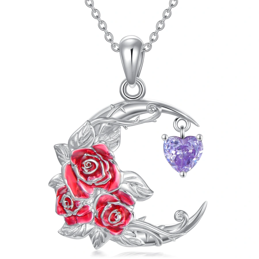 Sterling Silver Personalized Birthstone Rose & Heart Moon Necklace for Women-1