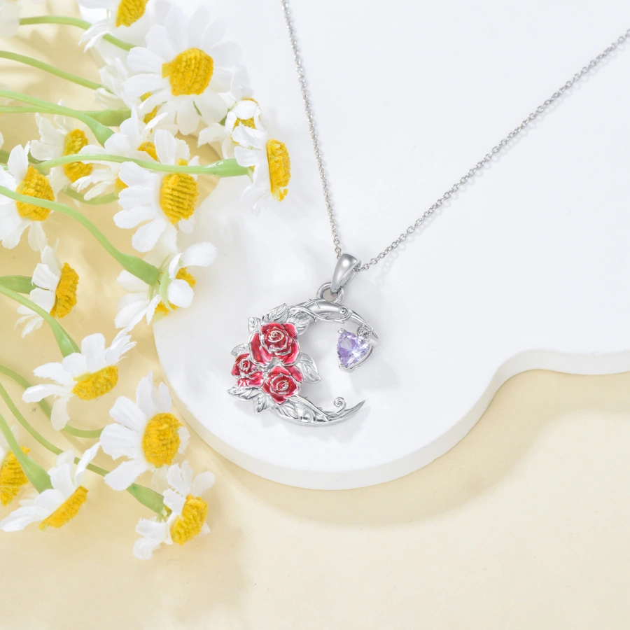 Sterling Silver Personalized Birthstone Rose & Heart Moon Necklace for Women-3