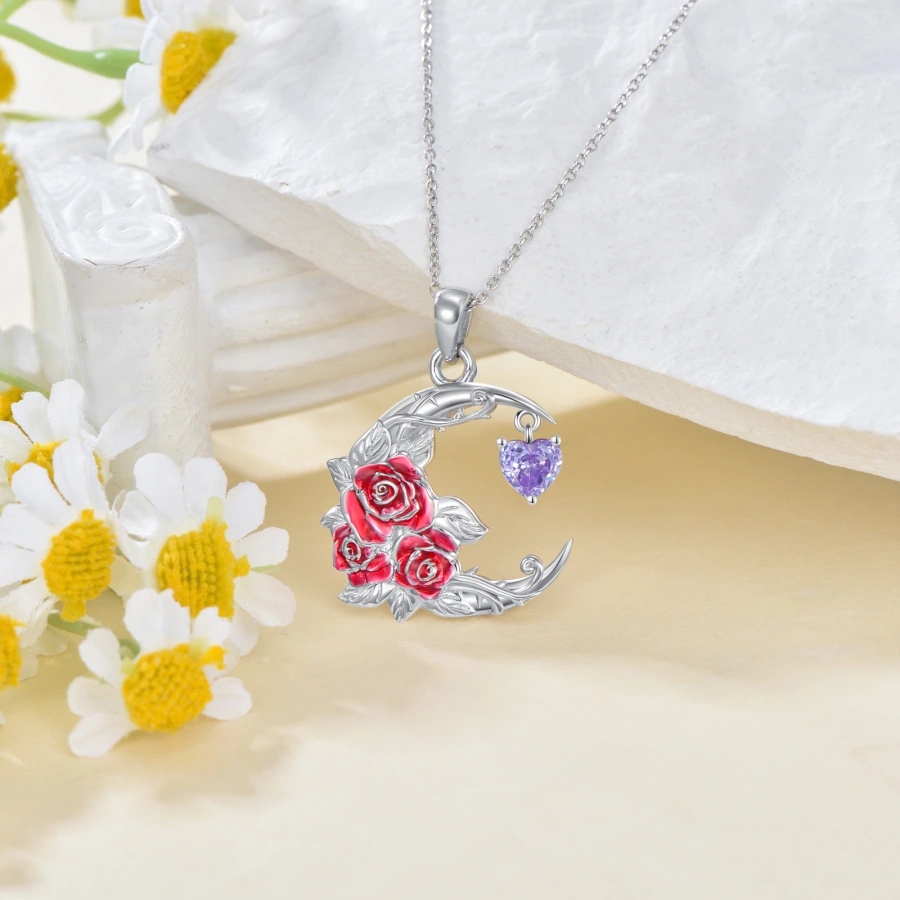 Sterling Silver Personalized Birthstone Rose & Heart Moon Necklace for Women-4