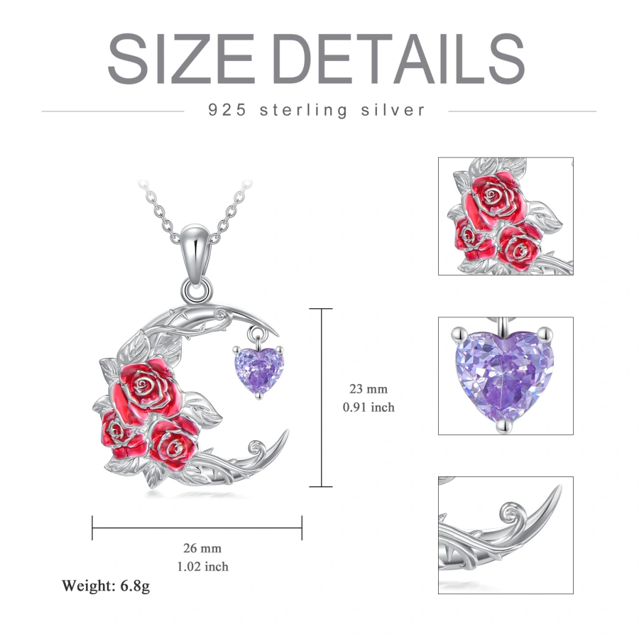 Sterling Silver Personalized Birthstone Rose & Heart Moon Necklace for Women-5