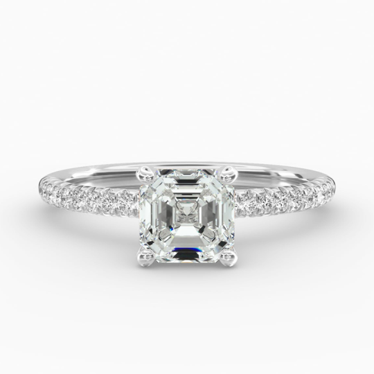 Anillo de compromiso de oro blanco de 10 quilates con pavé de diamantes de laboratorio