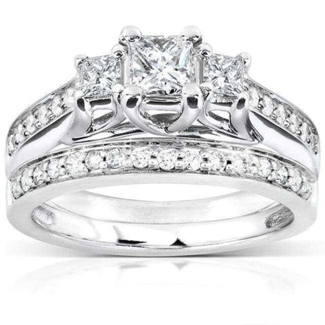 18K White Gold Princess-square Moissanite Personalized Engraving Wedding Ring-3