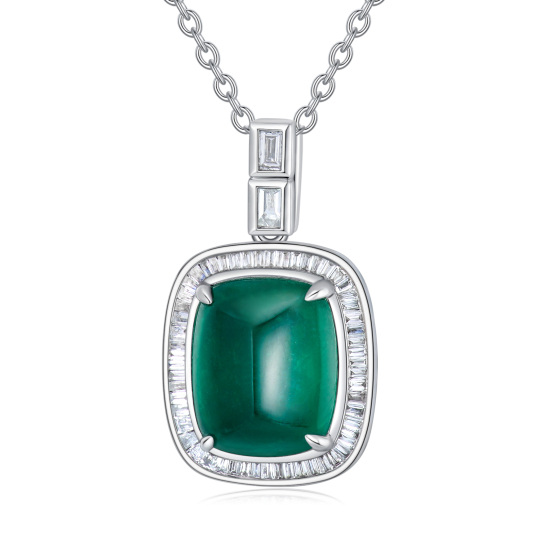 10K White Gold Princess-square Shaped Diamond & Emerald Square Pendant Necklace