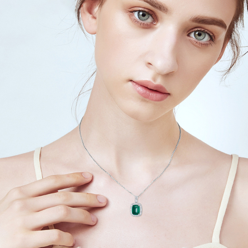 10K Rose Gold Princess Cut Diamond & Emerald Square Pendant Necklace-2