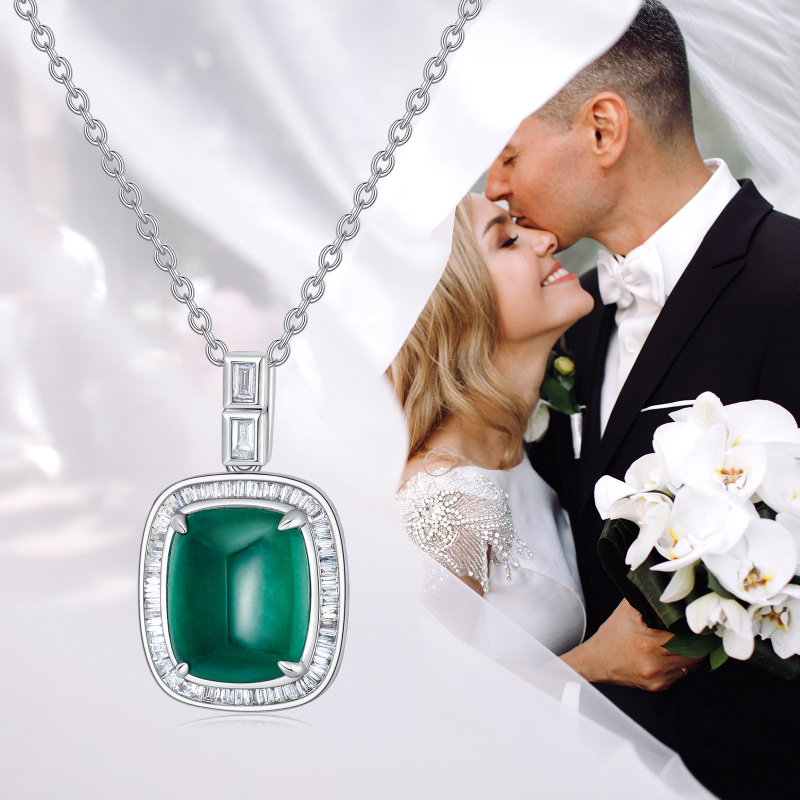 10K Rose Gold Princess Cut Diamond & Emerald Square Pendant Necklace-3