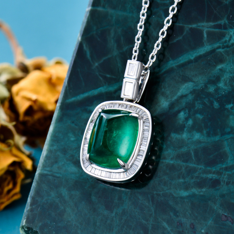 10K Rose Gold Princess Cut Diamond & Emerald Square Pendant Necklace-4