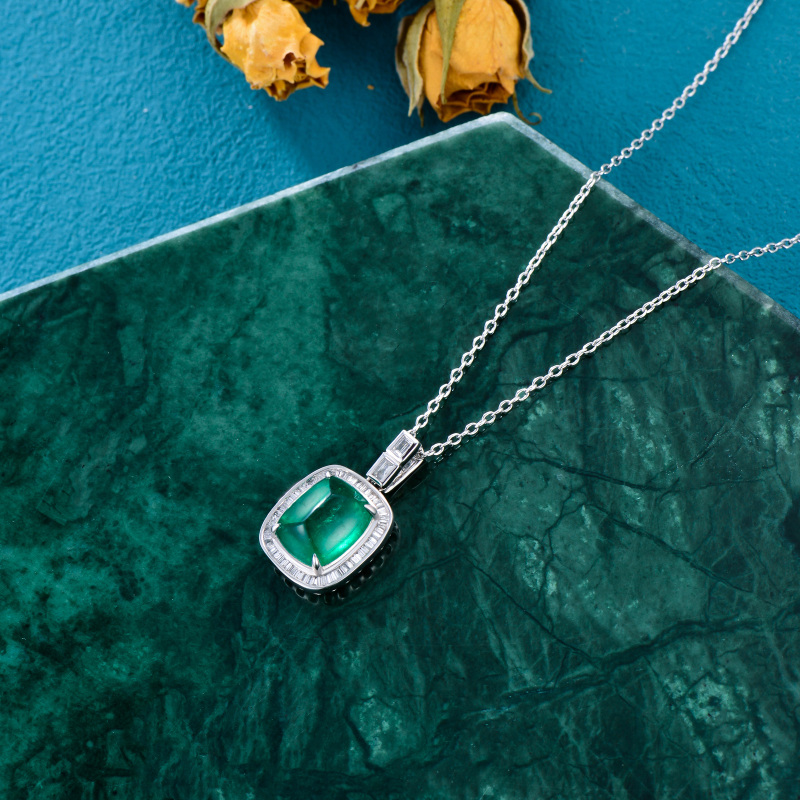 10K Rose Gold Princess Cut Diamond & Emerald Square Pendant Necklace-5