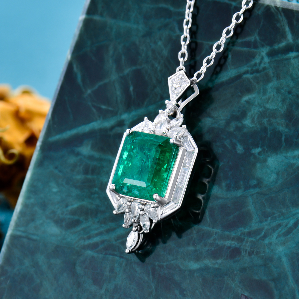 10K White Gold Princess-square Shaped Diamond & Emerald Square Pendant Necklace-4