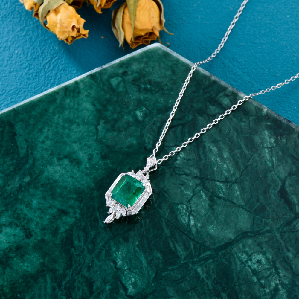 10K White Gold Princess-square Shaped Diamond & Emerald Square Pendant Necklace-5