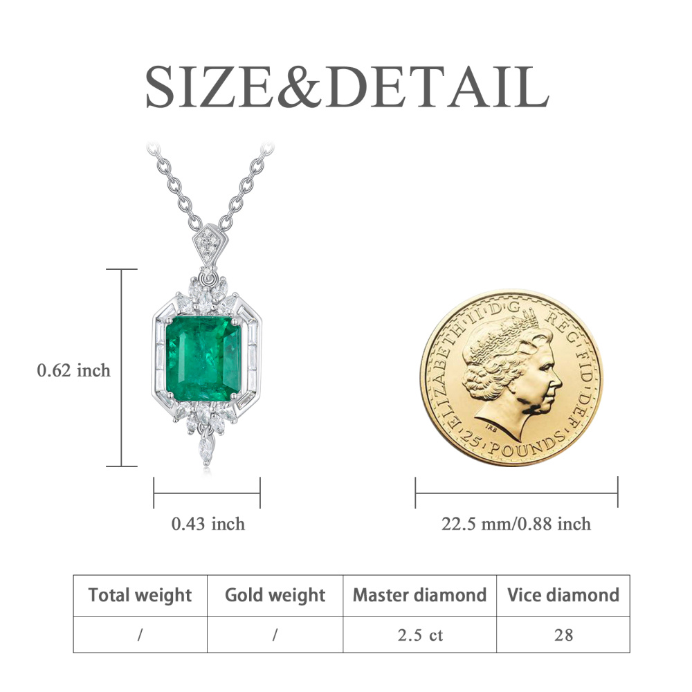 10K White Gold Princess-square Shaped Diamond & Emerald Square Pendant Necklace-6