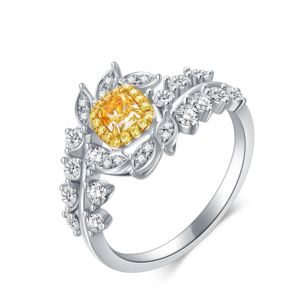 Bague de fiançailles en or blanc 18 carats avec feuilles de diamants de forme princesse-carrée-1