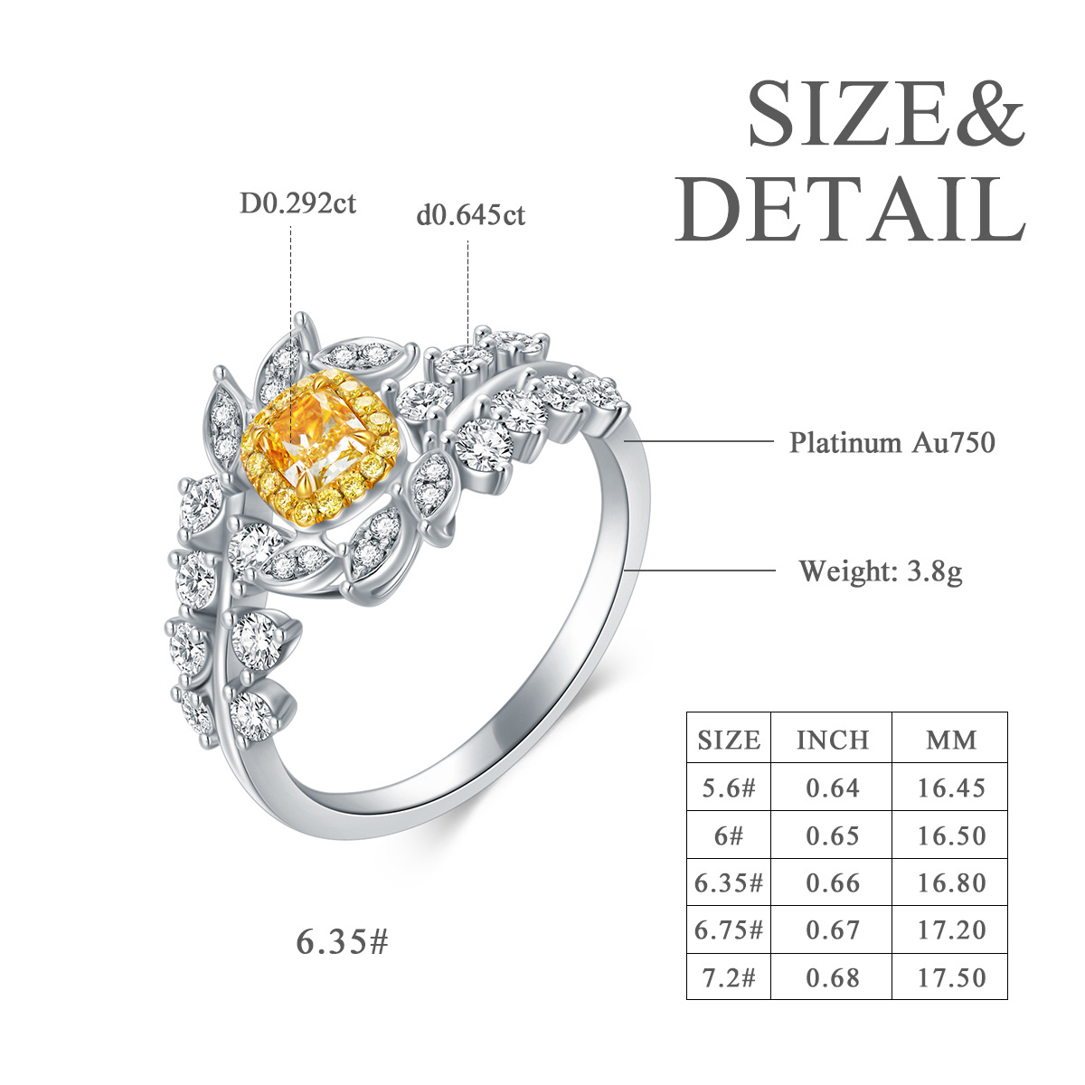 18K White Gold Princess-square Shaped Diamond Leaves Engagement Ring-4