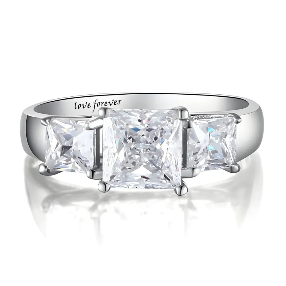 10K White Gold Princess Cut Shaped Moissanite Square Engagement Ring with Engraved Word-1