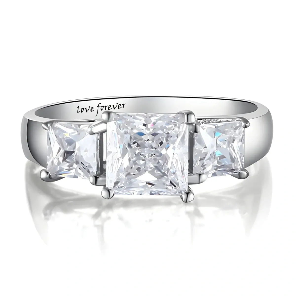 18K White Gold Princess-square Shaped Moissanite Square Engagement Ring with Engraved Word-1