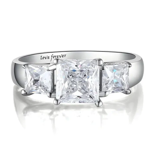 9K White Gold Princess-square Shaped Moissanite Square Engagement Ring with Engraved Word-2