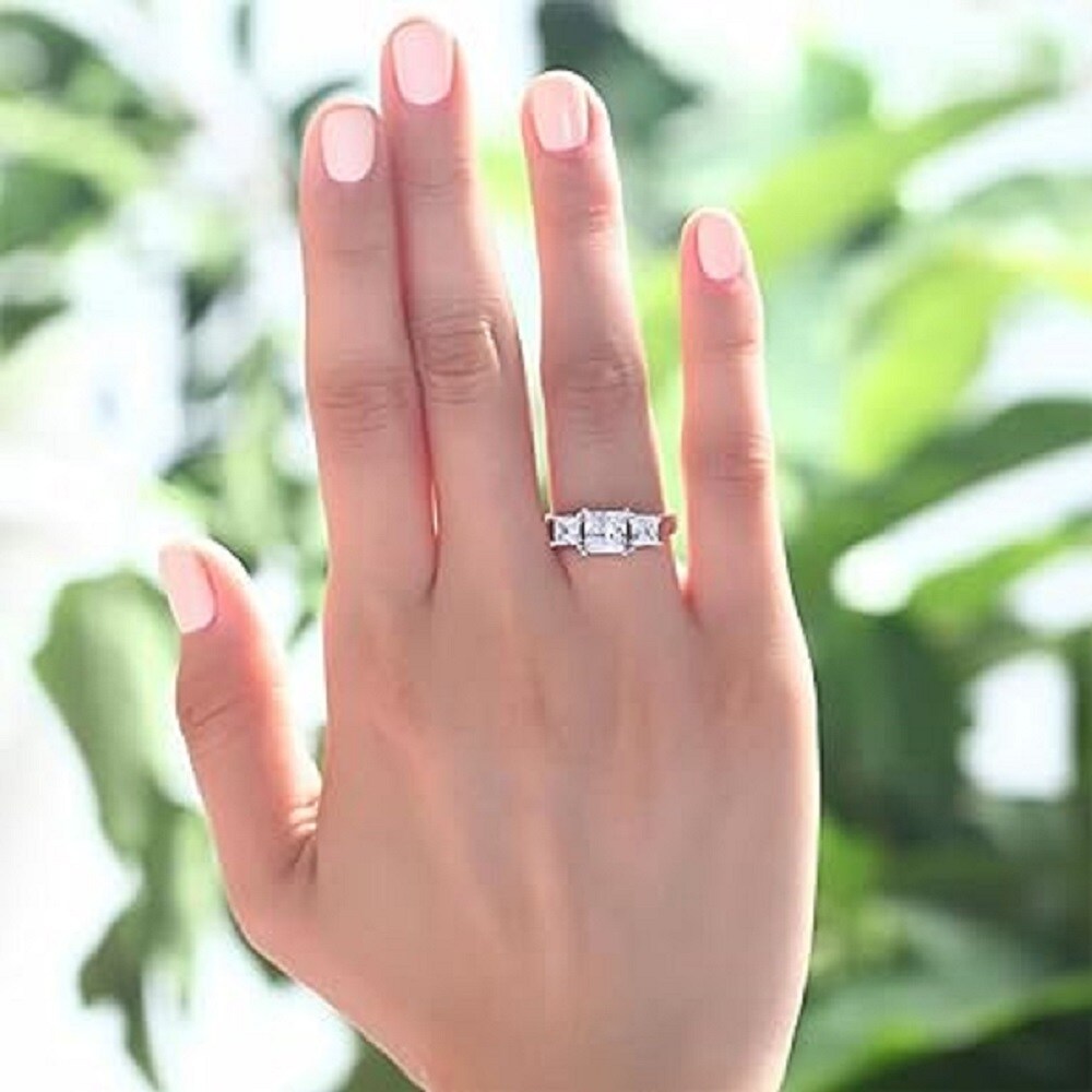 10K White Gold Princess Cut Shaped Moissanite Square Engagement Ring with Engraved Word-2