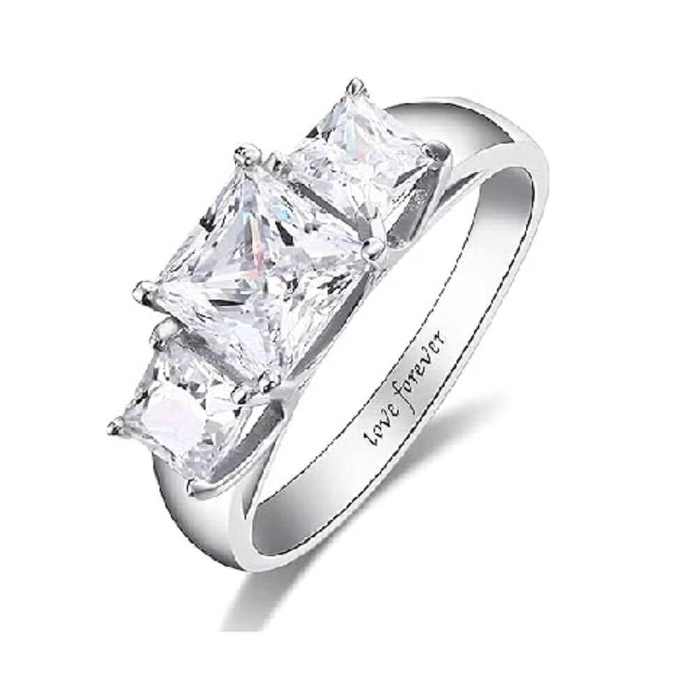 10K White Gold Princess Cut Shaped Moissanite Square Engagement Ring with Engraved Word-3