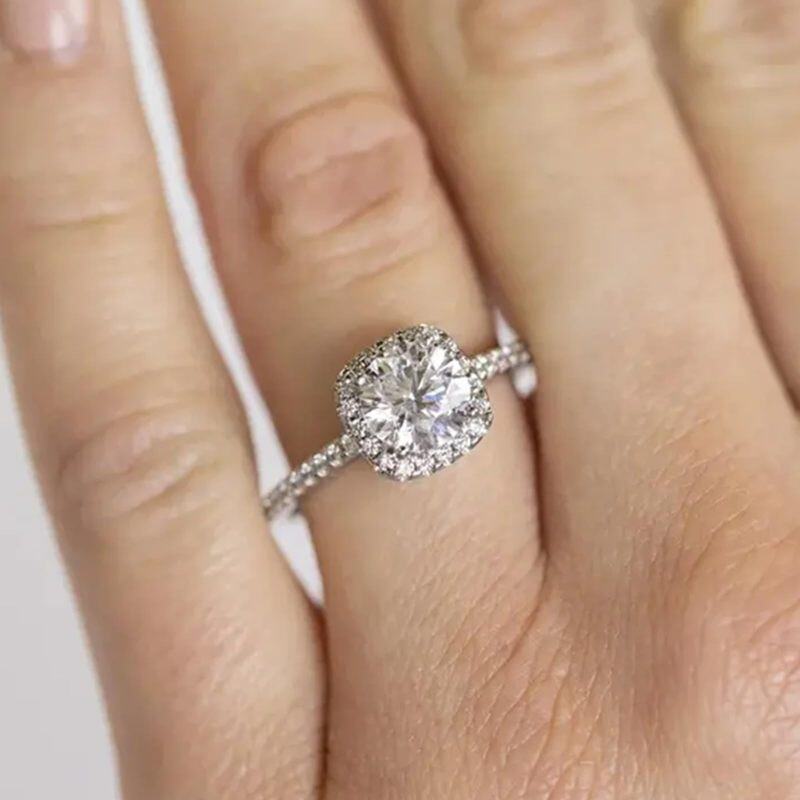 Sterling zilveren prinses-vierkant gevormde Moissanite gepersonaliseerde gravure & paar verlovingsring-2