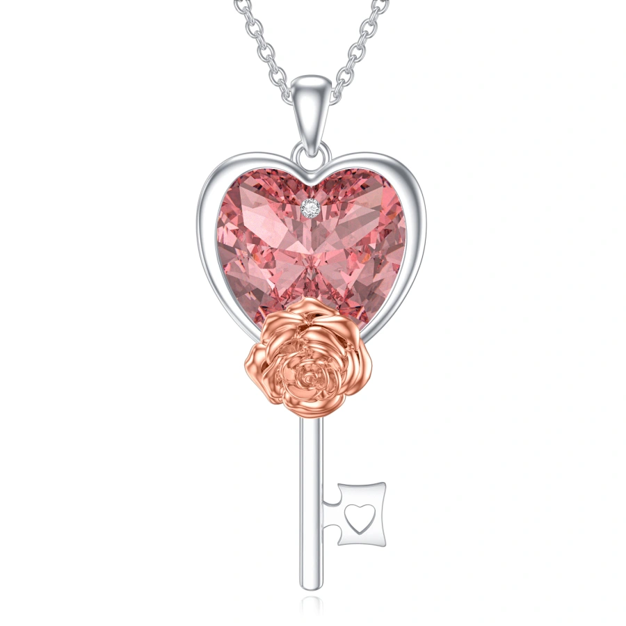 Sterling Silver Cubic Zirconia Rose Heart Lock Necklace for Women-1