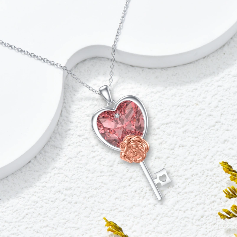 Collar de plata de ley con forma de corazón y rosa de circonita cúbica para mujer-3