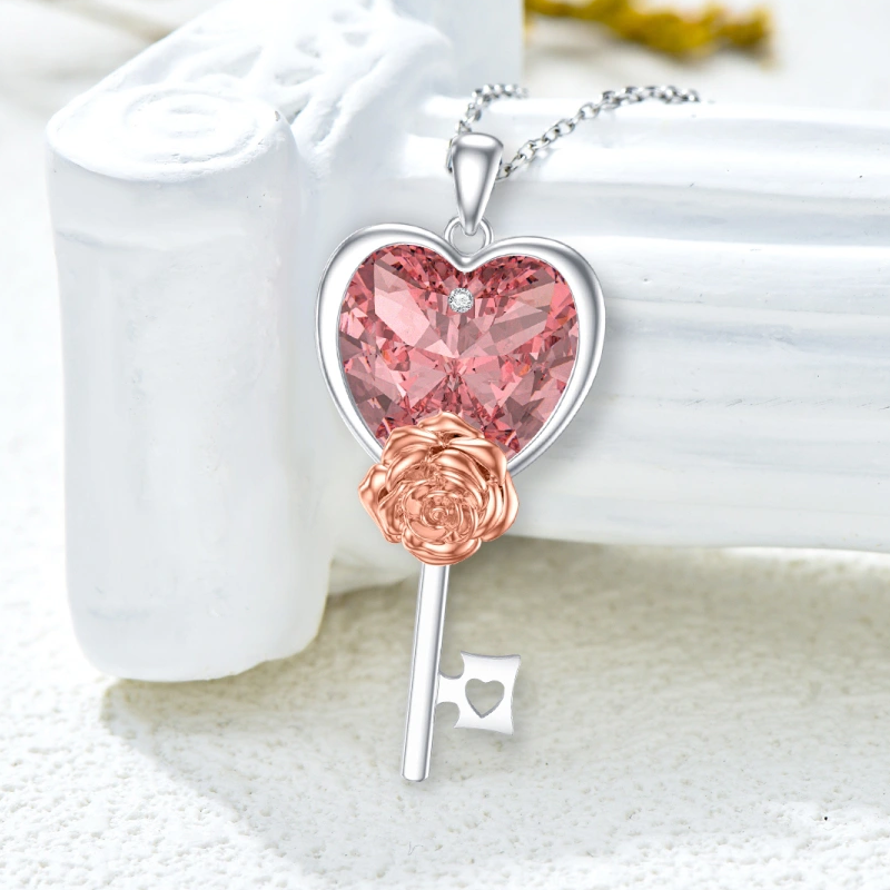 Collar de plata de ley con forma de corazón y rosa de circonita cúbica para mujer-4