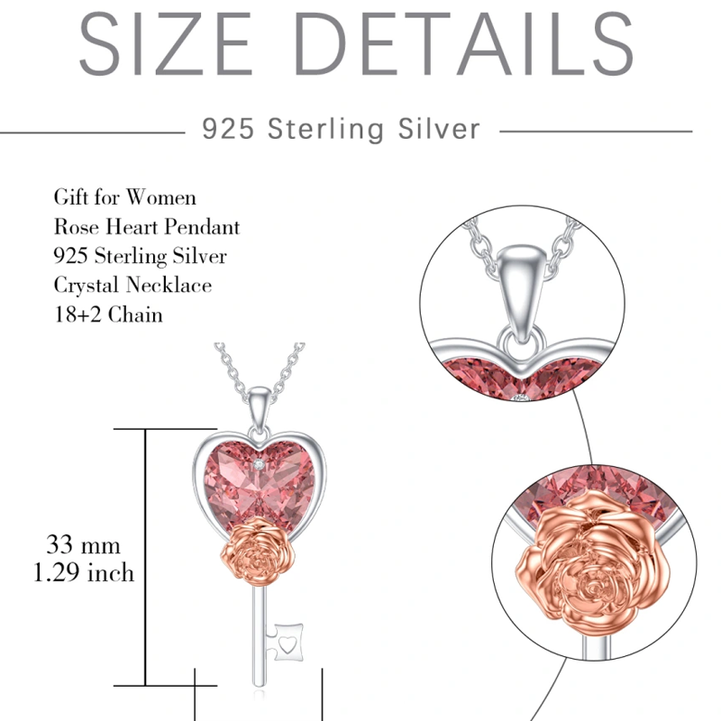 Collar de plata de ley con forma de corazón y rosa de circonita cúbica para mujer-5