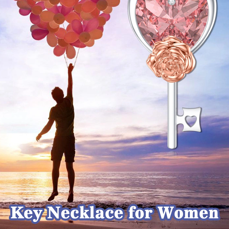 Collar de plata de ley con forma de corazón y rosa de circonita cúbica para mujer-6