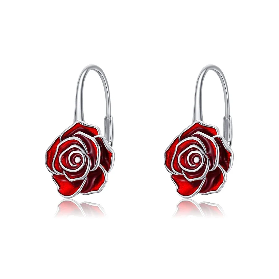 Sterling Silver Rose Lever-back Earrings-1