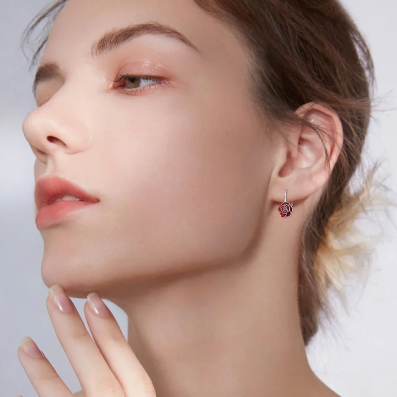 18K White Gold Rose Lever-back Earrings-2