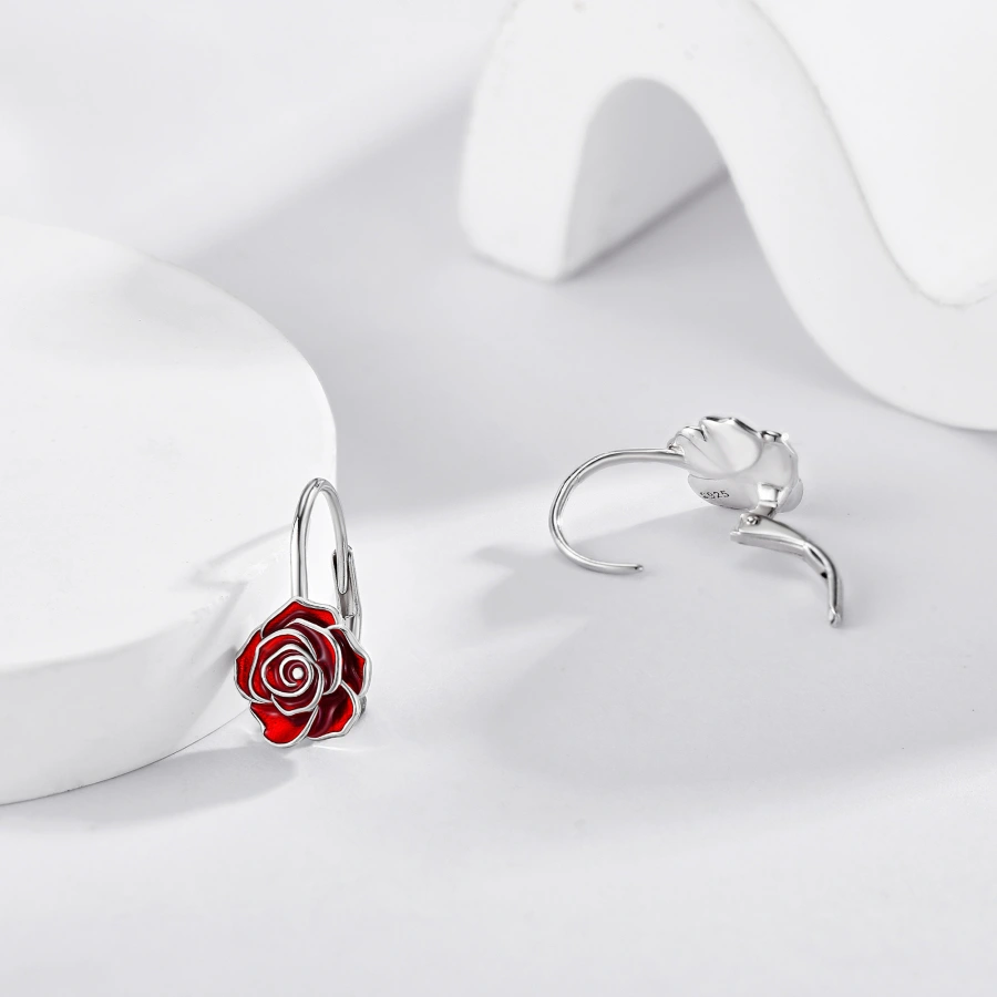 Sterling Silver Rose Lever-back Earrings-3