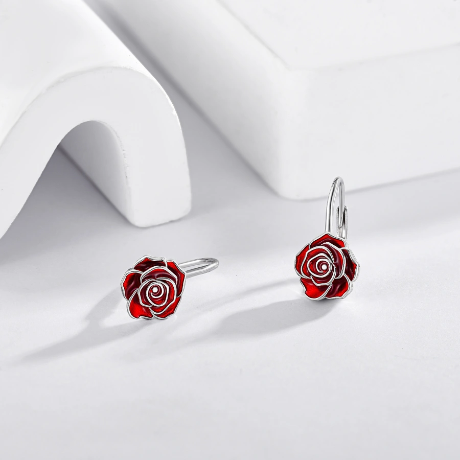 Sterling Silver Rose Lever-back Earrings-4