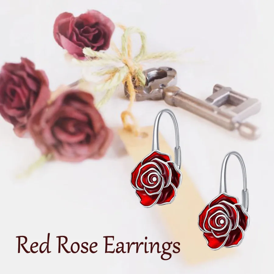 Sterling Silver Rose Lever-back Earrings-6