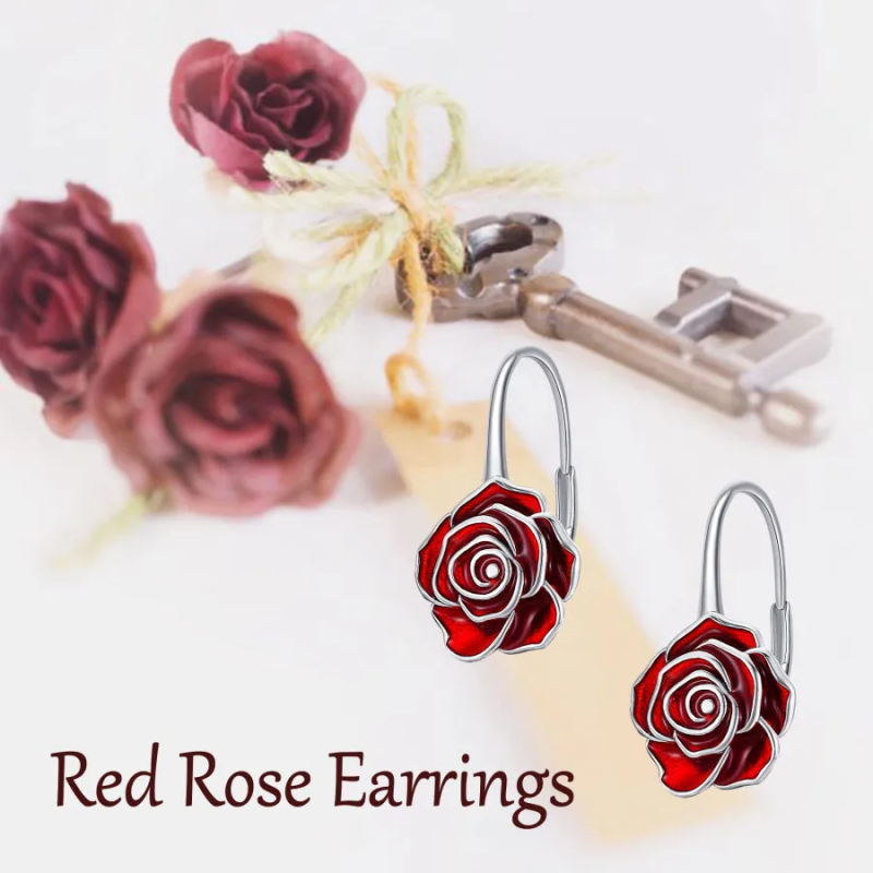 18K White Gold Rose Lever-back Earrings-6
