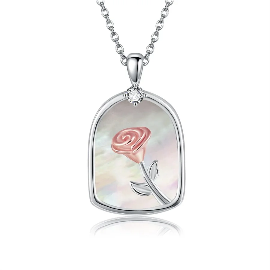 Sterling Silver Cubic Zirconia Rose & Shell Necklace for Women-1