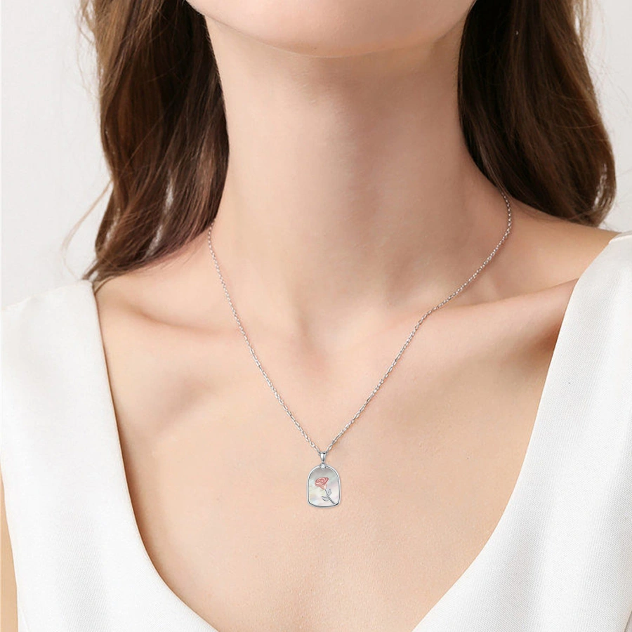 18K White Gold Cubic Zirconia Rose & Shell Necklace for Women-2