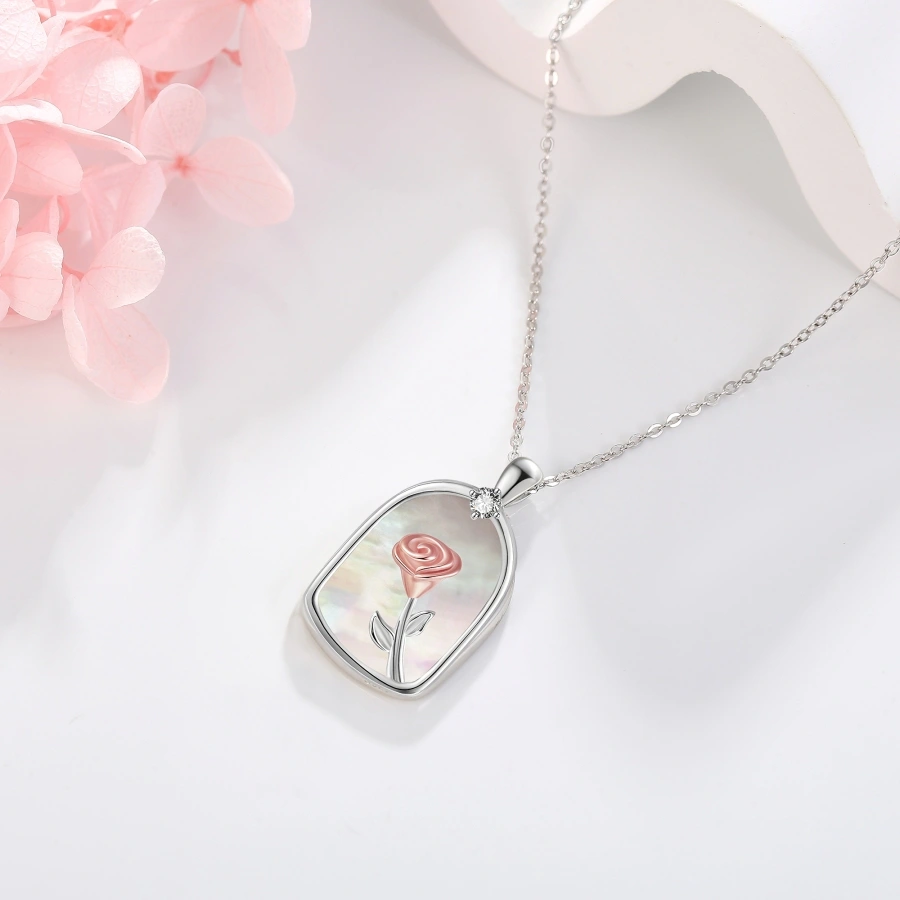 Collar de concha rosa con circonita cúbica en plata de ley para mujer-4