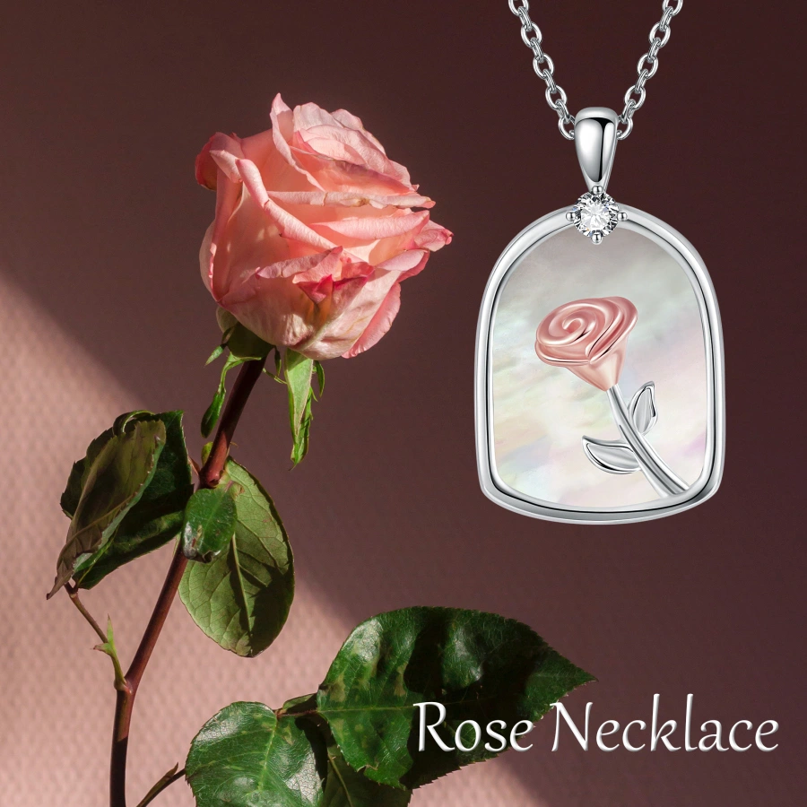 Collar de concha rosa con circonita cúbica en plata de ley para mujer-6