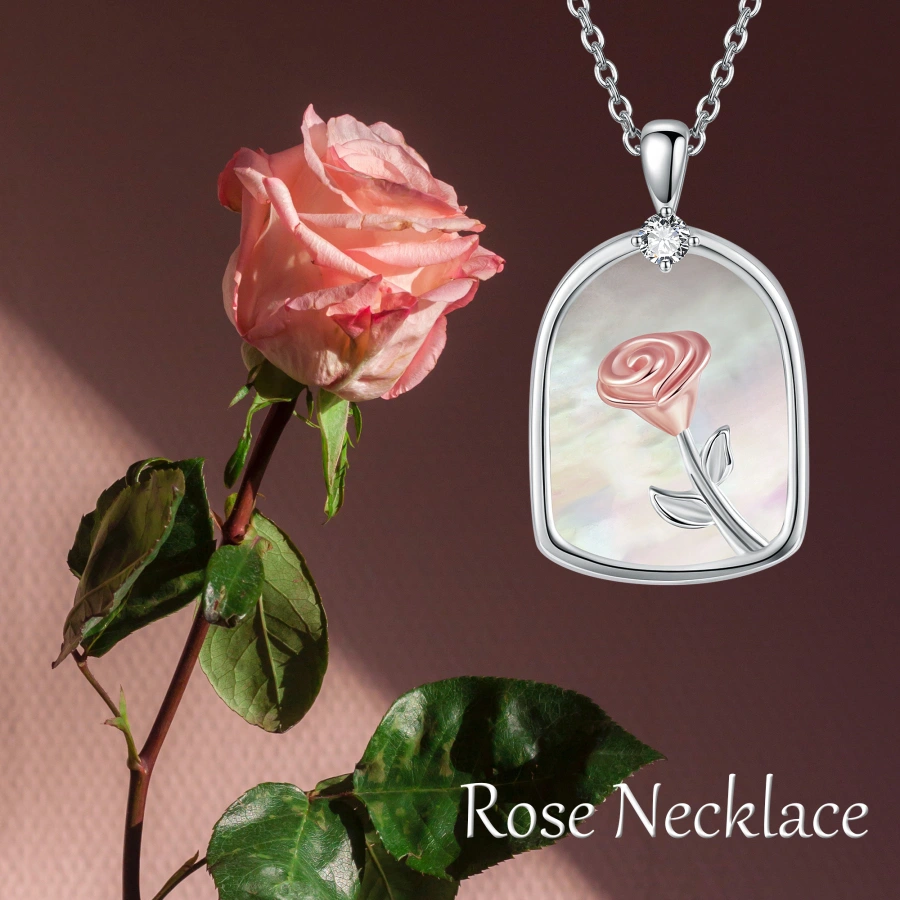 Sterling Silver Cubic Zirconia Rose & Shell Necklace for Women-6