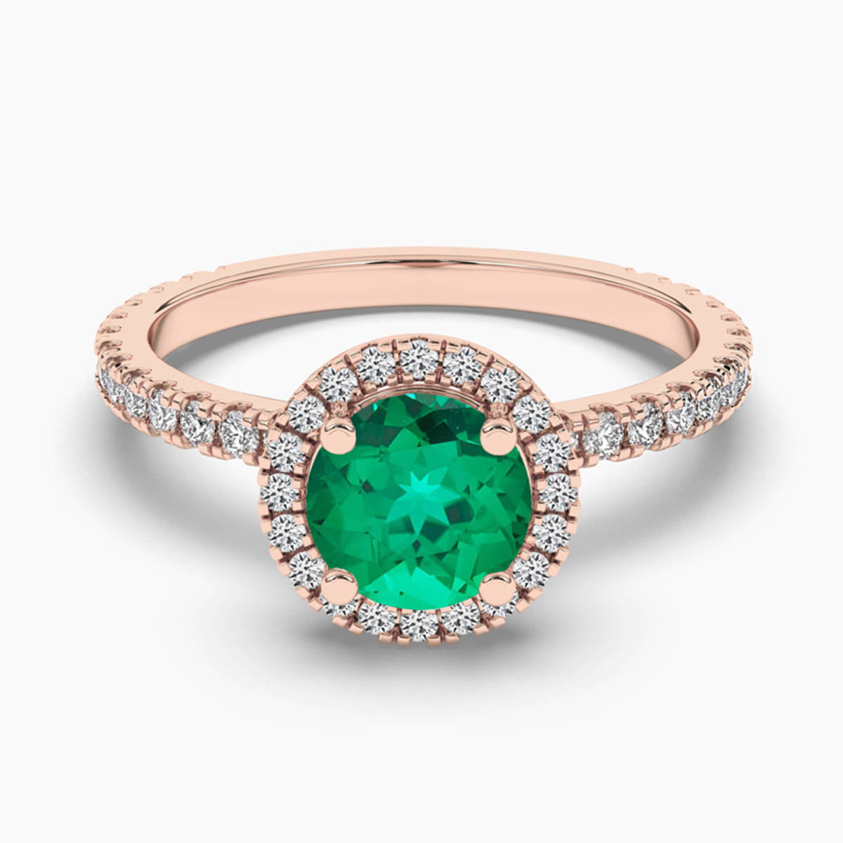 Anillo de compromiso de oro blanco de 14 quilates con halo de diamantes y esmeralda de talla redonda-1